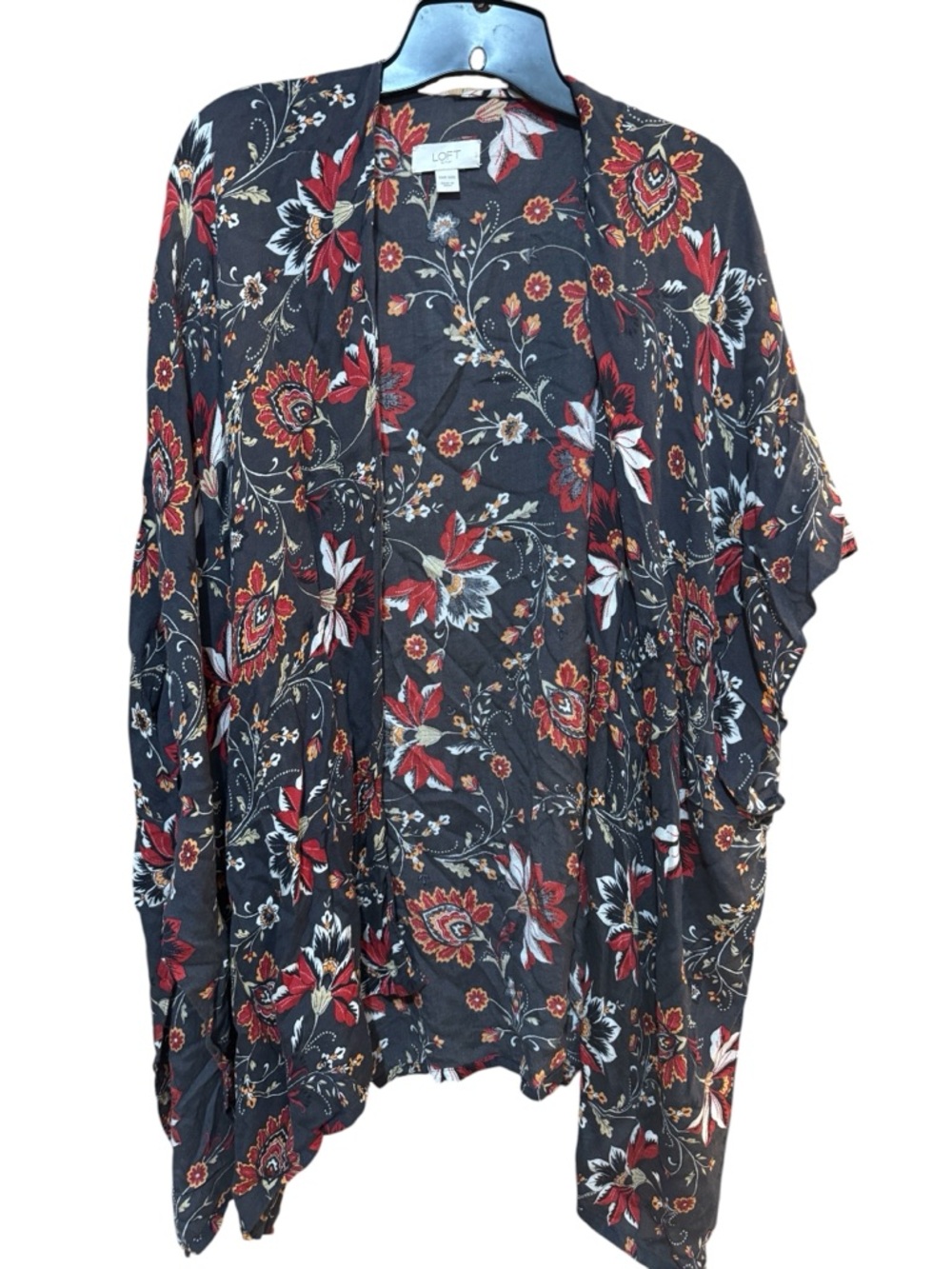 LOFT Black Floral Draped Kimono with Red & Cream Accents OS